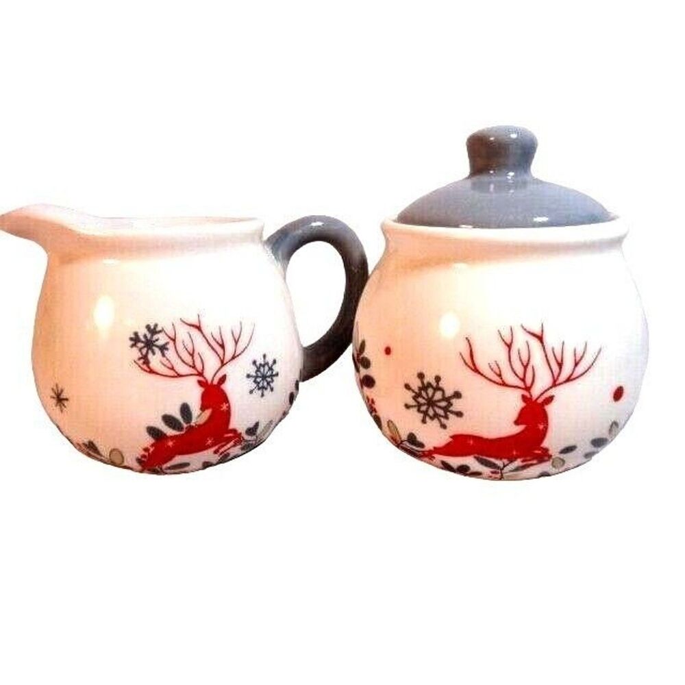 Reindeer Snowflakes Cream Sugar Set Ceramic White Red Gray Christmas Serveware